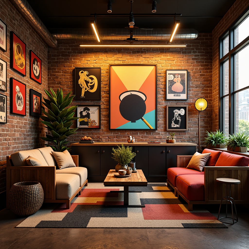 Prompt: Vibrant artistic studio, eclectic furniture, abstract artwork, rich wood accents, bold color blocking, contrasting textures, modern industrial chic, exposed brick walls, metallic accents, neon signage, urban loft atmosphere, warm golden lighting, shallow depth of field, 1/1 composition, cinematic color grading, stylized reflections.