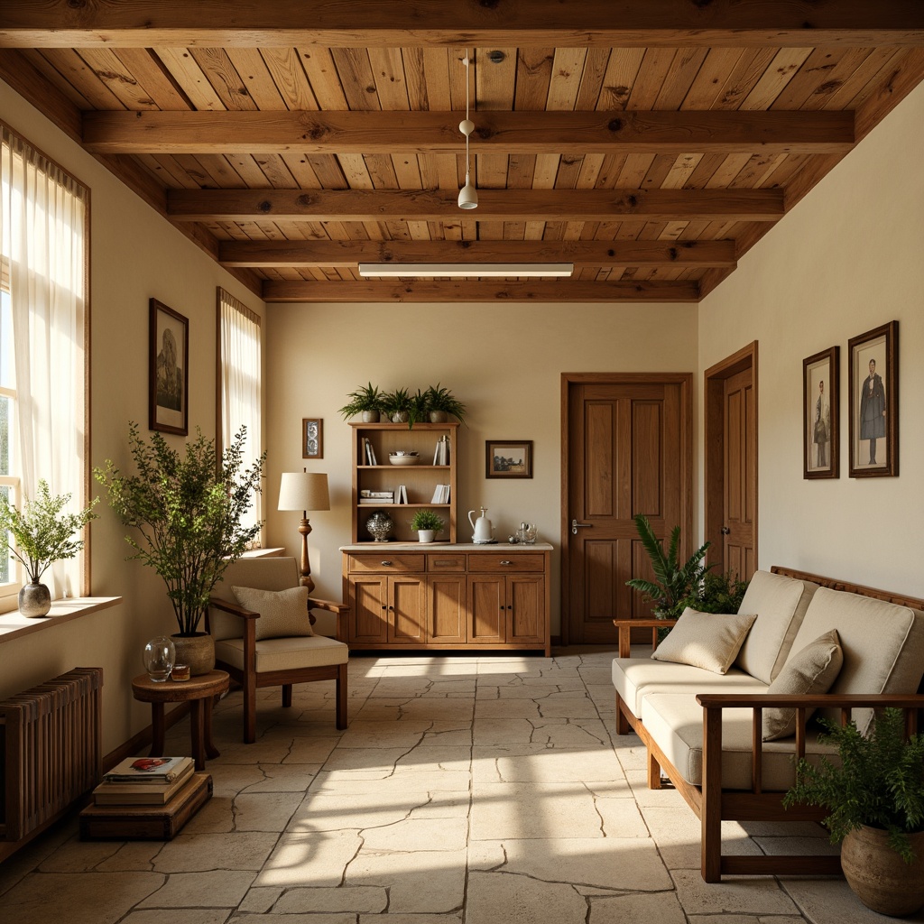 Prompt: Warm beige walls, rich wooden accents, soft cream ceilings, calming earthy tones, natural stone flooring, distressed wood furniture, vintage medical equipment, nostalgic decorative items, comfortable plush sofas, soothing greenery, warm golden lighting, shallow depth of field, 2/3 composition, realistic textures, ambient occlusion.