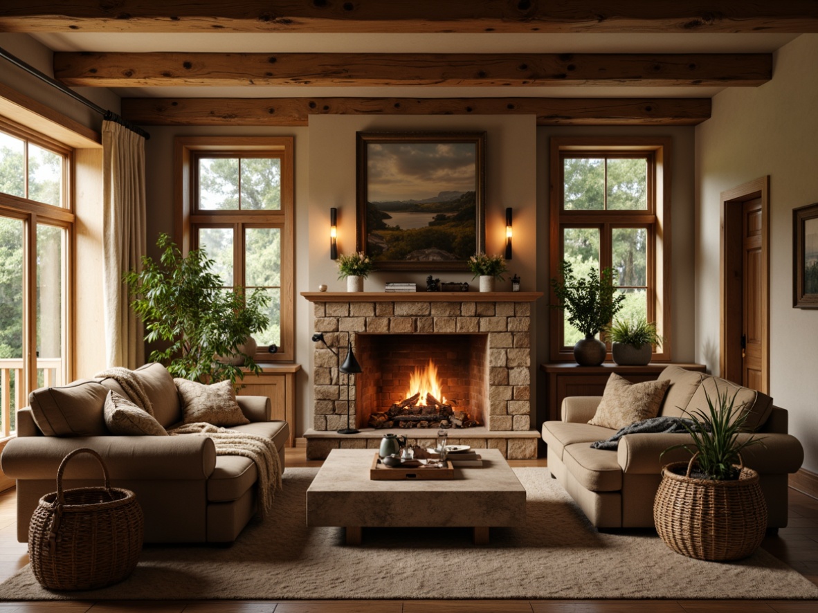 Prompt: Cozy family room, earthy tone palette, warm beige walls, distressed wood accents, vintage furniture, plush throw blankets, natural stone fireplace, woven basket coffee table, soft candlelight, warm golden lighting, shallow depth of field, 2/3 composition, rustic country charm, organic textures, ambient occlusion.