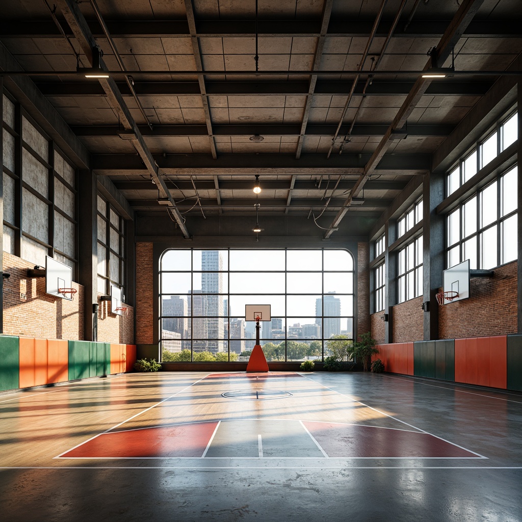 Prompt: Industrial-style gymnasium, exposed steel beams, metal columns, polished concrete floors, wooden sports flooring, modern basketball hoops, vibrant color accents, urban cityscape views, natural light pouring in, high ceilings, open spaces, minimalist decor, reclaimed wood walls, metallic tones, dynamic shadows, low-key lighting, 3/4 composition, realistic textures, ambient occlusion.