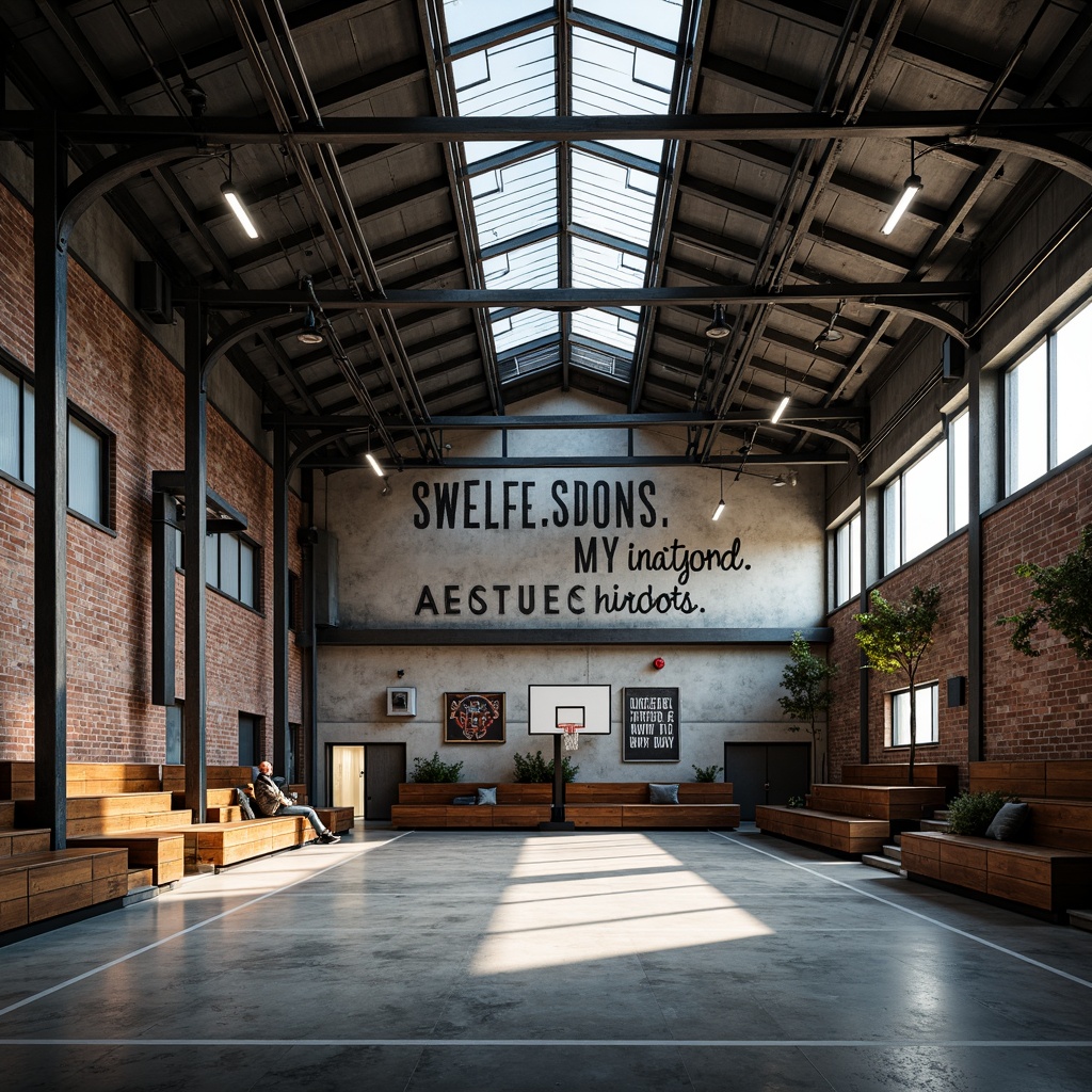 Prompt: Industrial-style gymnasium, exposed steel beams, polished concrete floors, metal columns, wooden bleachers, basketball hoops, sports equipment, motivational quotes, urban ambiance, natural light pouring in through clerestory windows, modern industrial lighting fixtures, distressed brick walls, metallic accents, edgy architectural details, high ceilings, open space, dynamic shadows, gritty textures, realistic materials, atmospheric perspective, 1/2 composition, dramatic lighting, cinematic mood.