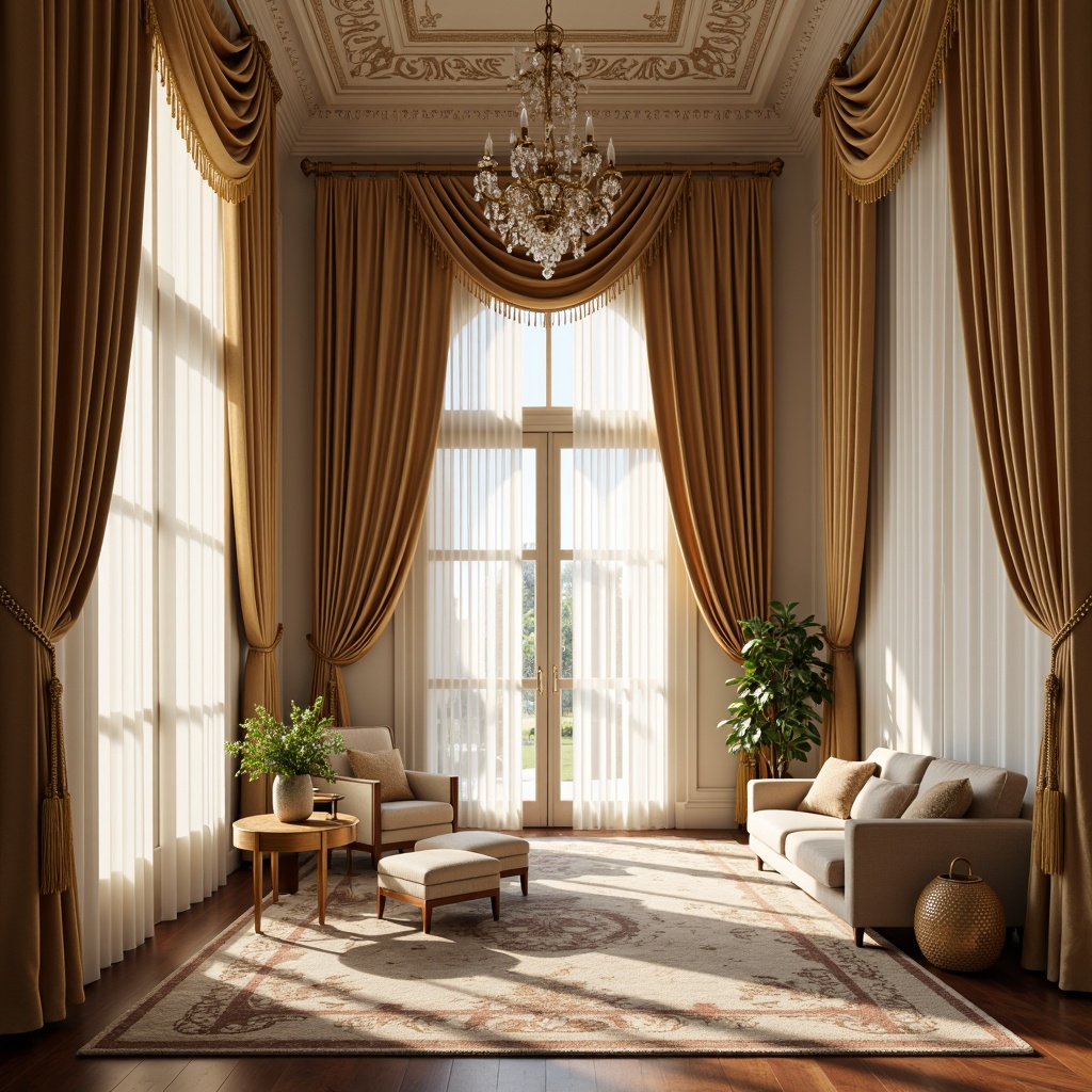 Prompt: Luxurious velvet drapes, soft silky fabrics, warm beige tones, ornate golden tassels, flowing curtain folds, elegant interior design, opulent furnishings, refined classic style, stately manor settings, grand high ceilings, crystal chandeliers, rich wood accents, subtle texture details, natural light filtering, 1/1 composition, shallow depth of field, warm softbox lighting.