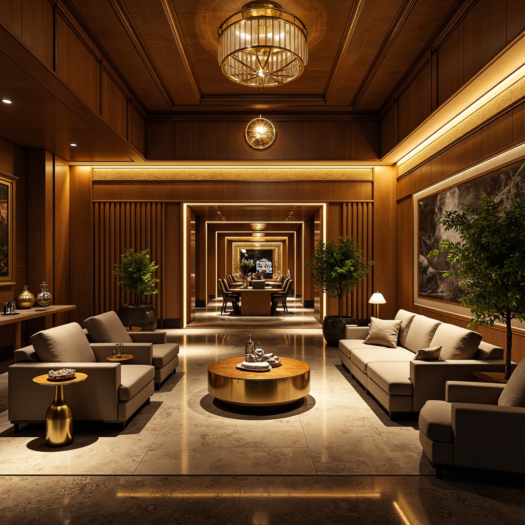 Prompt: Luxurious interior space, metallic accents, gold leaf details, sleek modern furniture, polished chrome fixtures, sophisticated ambiance, lavish decorations, opulent textiles, velvety smooth surfaces, dramatic lighting effects, warm golden tones, rich wood paneling, indulgent atmosphere, 1/1 composition, shallow depth of field, softbox lighting, realistic reflections.