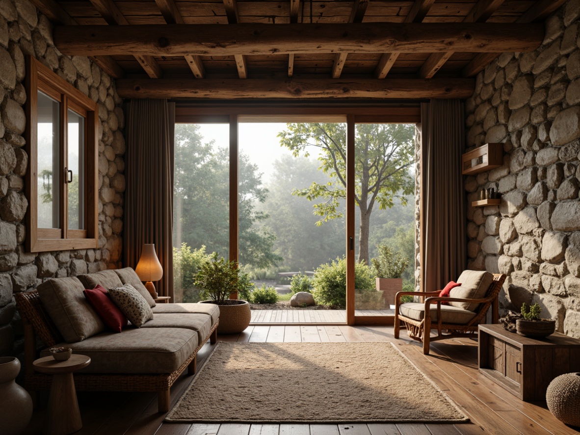 Prompt: Rustic wooden planks, earthy stone walls, woven wicker furniture, natural fiber rugs, distressed leather upholstery, reclaimed wood accents, organic shapes, soft warm lighting, cozy intimate atmosphere, serene forest surroundings, misty morning dew, subtle depth of field, 1/1 composition, realistic ambient occlusion.