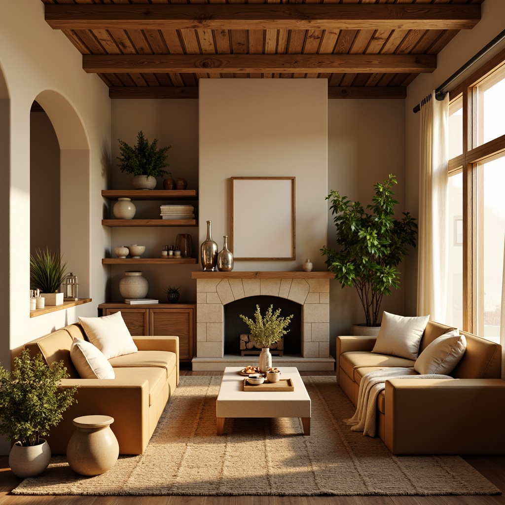 Prompt: Cozy living room, warm beige walls, rich wood furniture, plush velvet sofas, soft golden lighting, creamy white accents, earthy terracotta vases, lush green plants, natural stone fireplace, rustic wooden shelves, woven jute rugs, calming atmosphere, 1/2 composition, soft focus, warm color temperature.