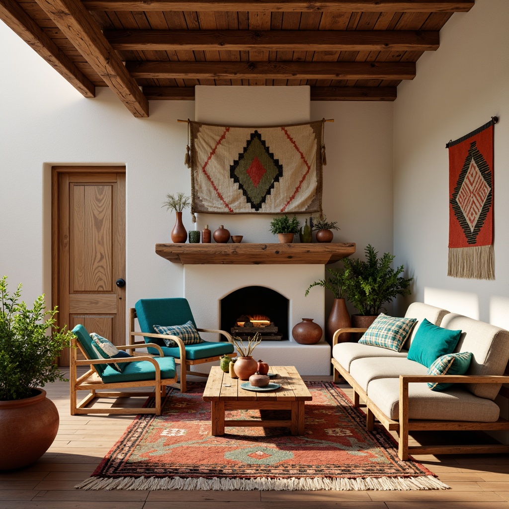 Prompt: Vibrant turquoise accents, woven Navajo-inspired textiles, rustic wooden furniture, earthy terracotta pots, colorful ceramic vases, geometric patterned rugs, natural fiber wall hangings, soft warm lighting, shallow depth of field, 3/4 composition, panoramic view, realistic textures, ambient occlusion.