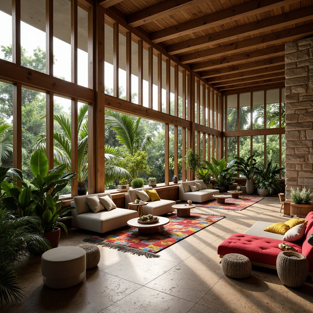 Prompt: Organic mid-century modern architecture, natural stone fa\u00e7ade, large windows with wooden frames, sliding glass doors, lush greenery, tropical plants, vibrant colorful textiles, geometric patterned rugs, wooden ceiling beams, exposed brick walls, minimalist decor, warm ambient lighting, soft shadows, shallow depth of field, 3/4 composition, realistic textures, subtle color palette, earthy tones, organic shapes, free-flowing curves.