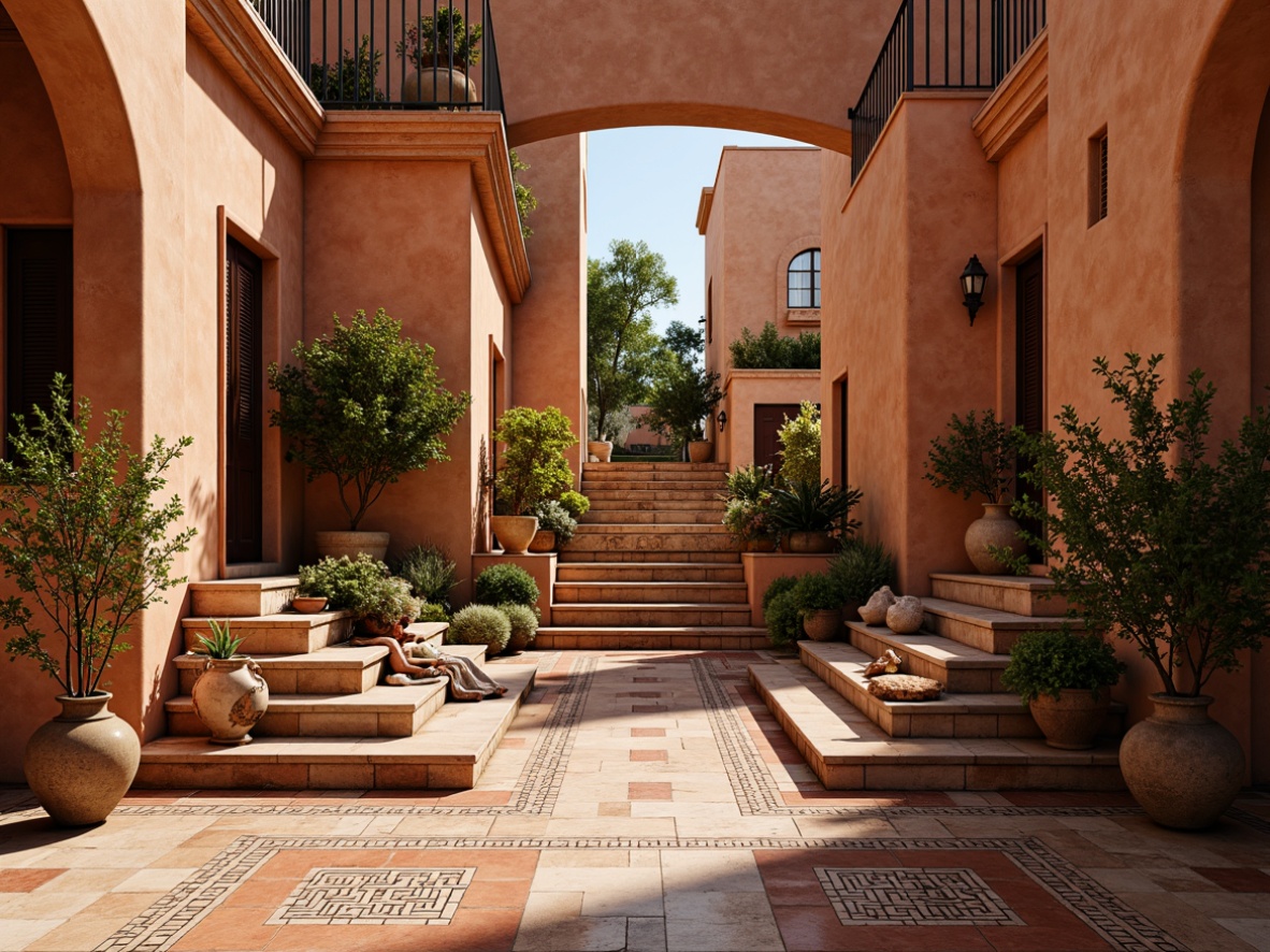 Prompt: Majestic Mediterranean staircase, ornate tile patterns, warm terracotta hues, classic Greek key designs, intricate mosaics, natural stone steps, rustic wooden railings, ornamental ironwork, grand archways, sun-kissed landings, soft warm lighting, shallow depth of field, 3/4 composition, realistic textures, ambient occlusion.