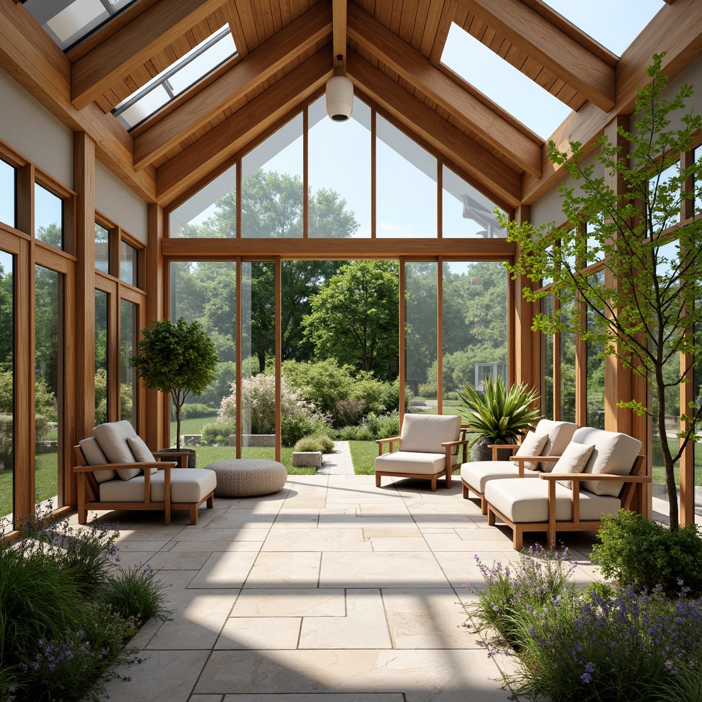 Prompt: Vibrant sunroom, floor-to-ceiling windows, sliding glass doors, natural stone flooring, wooden beam ceilings, lush greenery, blooming flowers, comfortable seating areas, modern minimalist decor, warm neutral color palette, soft diffused lighting, 1/1 composition, shallow depth of field, panoramic view, realistic textures, ambient occlusion, sunny day, clear blue sky, outdoor garden views, natural ventilation systems, energy-efficient glazing, insulated walls, clerestory windows, skylights, solar tubes.