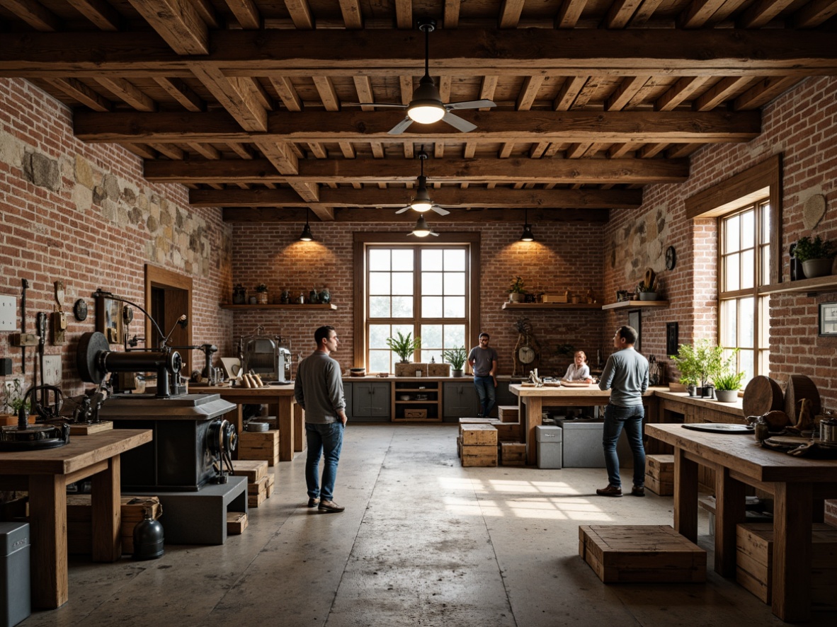 Prompt: Rustic workshop interior, exposed wooden beams, distressed wood accents, metalworking tools, industrial lighting, worn brick walls, earthy tone color palette, natural stone flooring, vintage machinery, wooden workbenches, steel shelving units, rough-hewn lumber, warm ambient lighting, shallow depth of field, 1/2 composition, realistic textures, subtle grain effect.