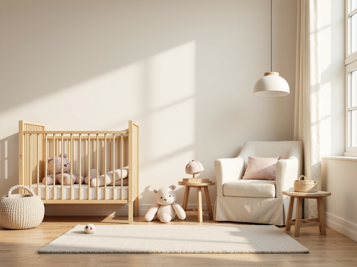 Prompt: Soft warm lighting, creamy whites, pale pastels, natural wood tones, minimalist furniture, simple cribs, plush toys, gentle fabric textures, subtle patterns, calming atmosphere, serene ambiance, softbox lights, table lamps, floor lamps, warm glow, cozy feel, 1/1 composition, shallow depth of field, realistic rendering.