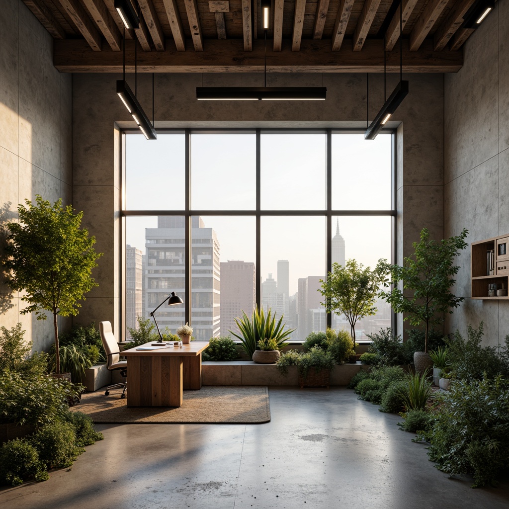 Prompt: Raw concrete walls, industrial metal beams, reclaimed wood accents, minimalist desk, ergonomic chair, lush greenery, floor-to-ceiling windows, natural light pouring in, urban cityscape view, atmospheric misty morning, soft warm lighting, shallow depth of field, 1/2 composition, panoramic view, realistic textures, ambient occlusion.