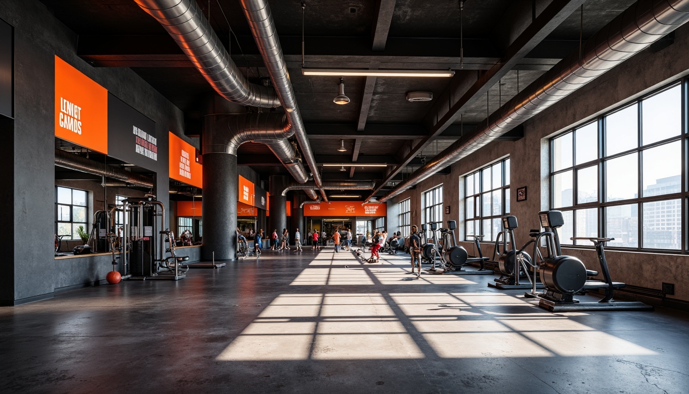 Prompt: Modern gymnasium interior, industrial-style lighting fixtures, exposed ductwork, polished concrete floors, metal beams, minimalist decor, vibrant color accents, state-of-the-art exercise equipment, mirrored walls, large windows, natural daylight, high-contrast shadows, dramatic spotlighting, low-hanging lamps, urban loft atmosphere, bold typography, motivational quotes, athletic-inspired textures, dynamic camera angles, fast-paced editing, cinematic close-ups.