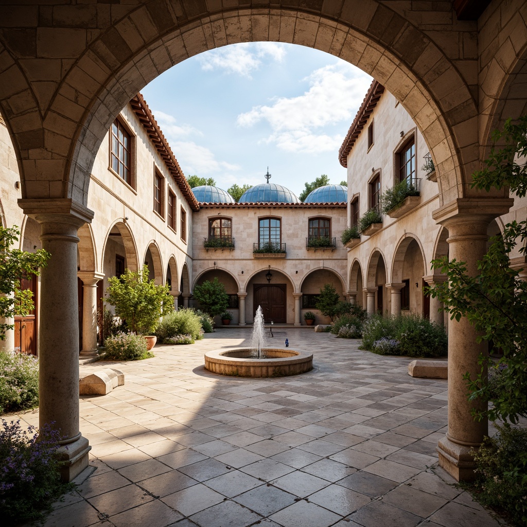 Prompt: Ancient monastery, Mediterranean archways, rustic stone walls, ornate carvings, weathered wooden doors, terracotta roofs, vibrant blue domes, intricately patterned tiles, lush greenery, blooming flowers, serene courtyard, tranquil fountain, soft warm lighting, shallow depth of field, 3/4 composition, panoramic view, realistic textures, ambient occlusion.