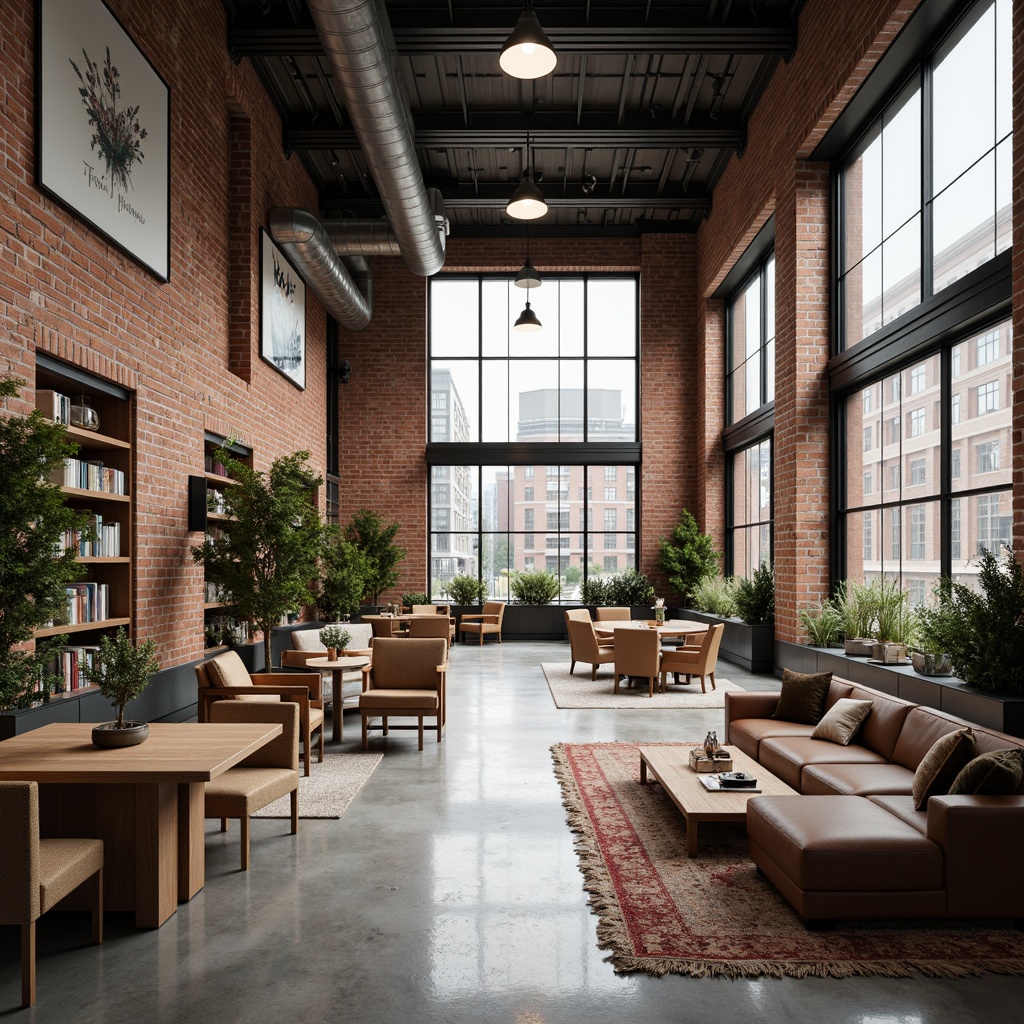 Prompt: Industrial chic open space, exposed brick walls, polished concrete floors, minimalist loft-style furniture, reclaimed wood accents, metal beam ceilings, floor-to-ceiling windows, abundance of natural light, cozy reading nooks, built-in bookshelves, modern academic atmosphere, comfortable lounge areas, industrial-chic lighting fixtures, pendant lamps, eclectic artwork displays, vintage educational props, warm neutral color palette, soft ambient lighting, 1/1 composition, realistic textures, subtle depth of field.