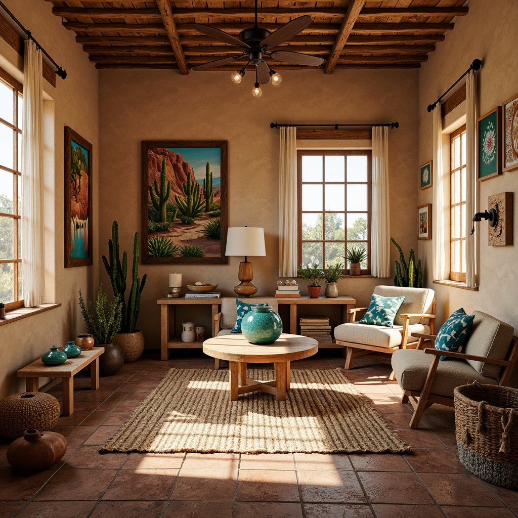 Prompt: Cozy craft room, southwestern decor, warm earthy tones, natural wood accents, woven textiles, vibrant turquoise hues, soft warm lighting, table lamps, floor lamps, pendant lights, warm beige walls, rustic wooden furniture, plush area rugs, colorful ceramic vases, handmade pottery, desert-inspired artwork, sunny afternoon, gentle diffused light, shallow depth of field, 1/1 composition, realistic textures.