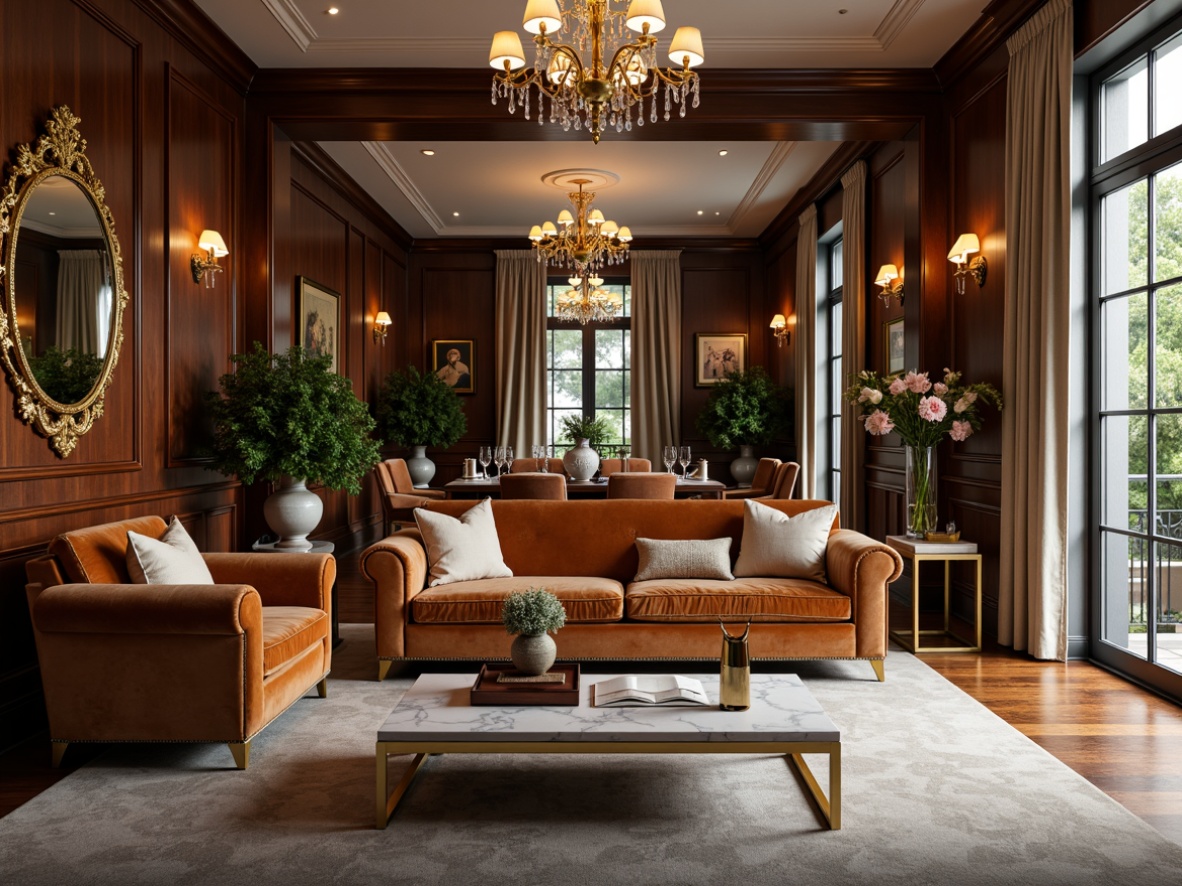 Prompt: Luxurious living room, plush velvet sofa, golden metal legs, marble coffee table, ornate mirrors, crystal chandeliers, rich wood paneling, soft warm lighting, cozy atmosphere, intimate seating areas, decorative vases, fresh flowers, elegant curtains, sophisticated color palette, 3/4 composition, shallow depth of field, realistic textures.