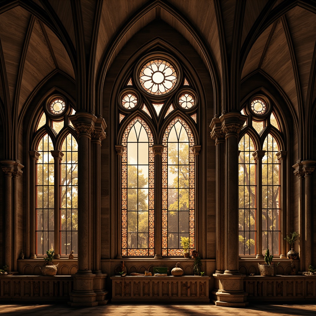 Prompt: Ornate Gothic windows, stained glass patterns, intricate stone carvings, pointed arches, ribbed vaults, flying buttresses, grand cathedrals, mysterious ambiance, warm golden lighting, dramatic shadows, 1/1 composition, close-up shot, realistic textures, ambient occlusion.