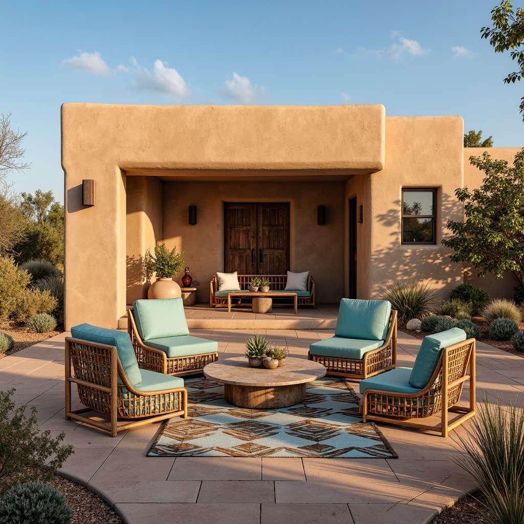 Prompt: Southwestern adobe architecture, earthy tone walls, rustic wooden doors, natural stone flooring, woven wicker furniture, plush suede upholstery, vibrant turquoise accents, geometric patterned textiles, organic cactus plants, arid desert landscape, clear blue sky, warm sunny day, soft golden lighting, shallow depth of field, 3/4 composition, panoramic view, realistic earthy textures, ambient occlusion.