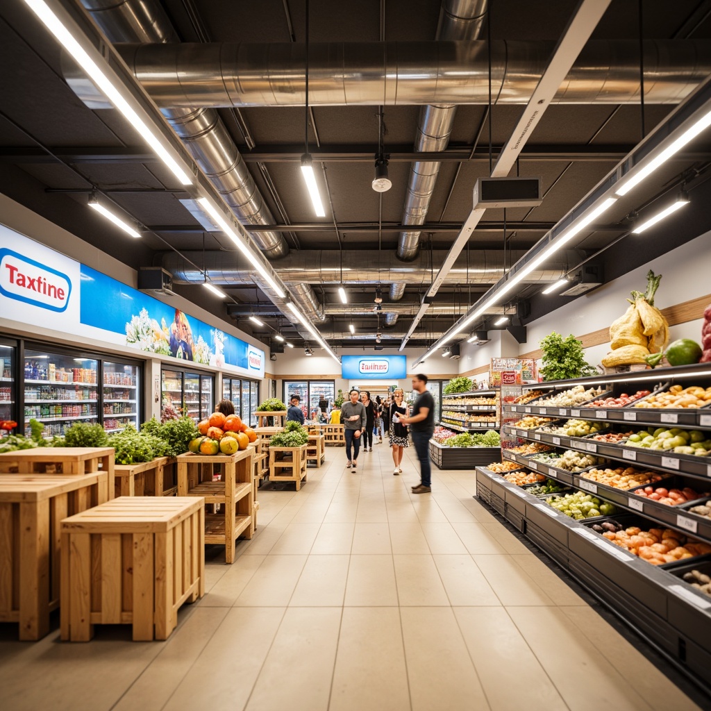 Prompt: Vibrant grocery store interior, streamline moderne style, sleek metal shelving, polished chrome accents, warm beige flooring, crisp white walls, bold red and blue logo signage, natural wood crate displays, fresh produce stands, refrigerated sections, modern LED lighting, shallow depth of field, 1/1 composition, realistic textures, ambient occlusion, lively atmosphere, busy shopping scene, morning daylight, soft warm glow.