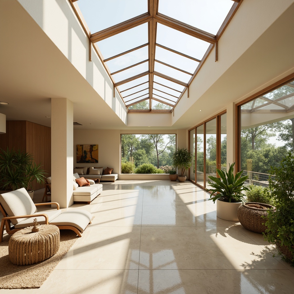 Prompt: Minimalist interior, large windows, clerestory windows, skylights, translucent roofs, reflective surfaces, polished floors, cream-colored walls, greenery, potted plants, natural textiles, woven fibers, earthy tones, warm beige colors, soft diffused light, indirect lighting, 1/1 composition, shallow depth of field, realistic textures, ambient occlusion.