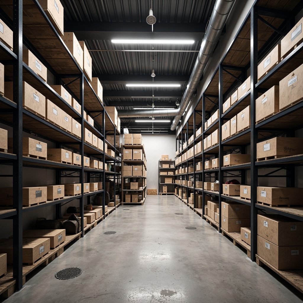 Prompt: Industrial storage room, metal shelving units, angular lines, minimalist aesthetic, functional layout, organized inventory, labeled crates, concrete flooring, exposed ductwork, overhead lighting, rectangular shapes, triangular supports, circular columns, hexagonal tiles, modern industrial decor, urban loft atmosphere, neutral color palette, softbox lighting, shallow depth of field, 1/1 composition, realistic textures, ambient occlusion.