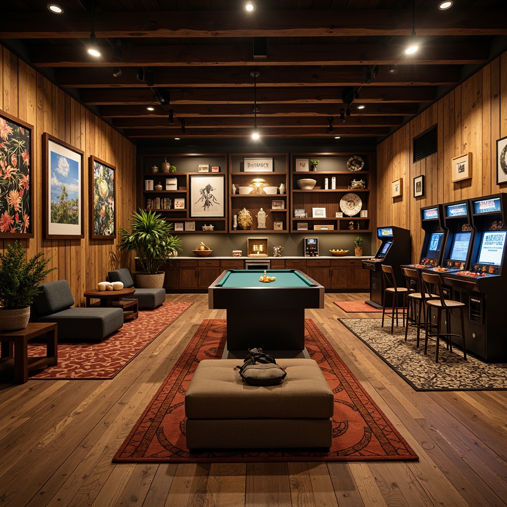 Prompt: \Rustic game room, mid-century modern style, wooden flooring, dark walnut tones, geometric patterns, retro-inspired area rugs, vintage arcade machines, cozy seating areas, industrial-chic lighting fixtures, reclaimed wood accent walls, earthy color palette, warm atmospheric ambiance, shallow depth of field, 1/2 composition, realistic textures, ambient occlusion.\Let me know if you need any adjustments!