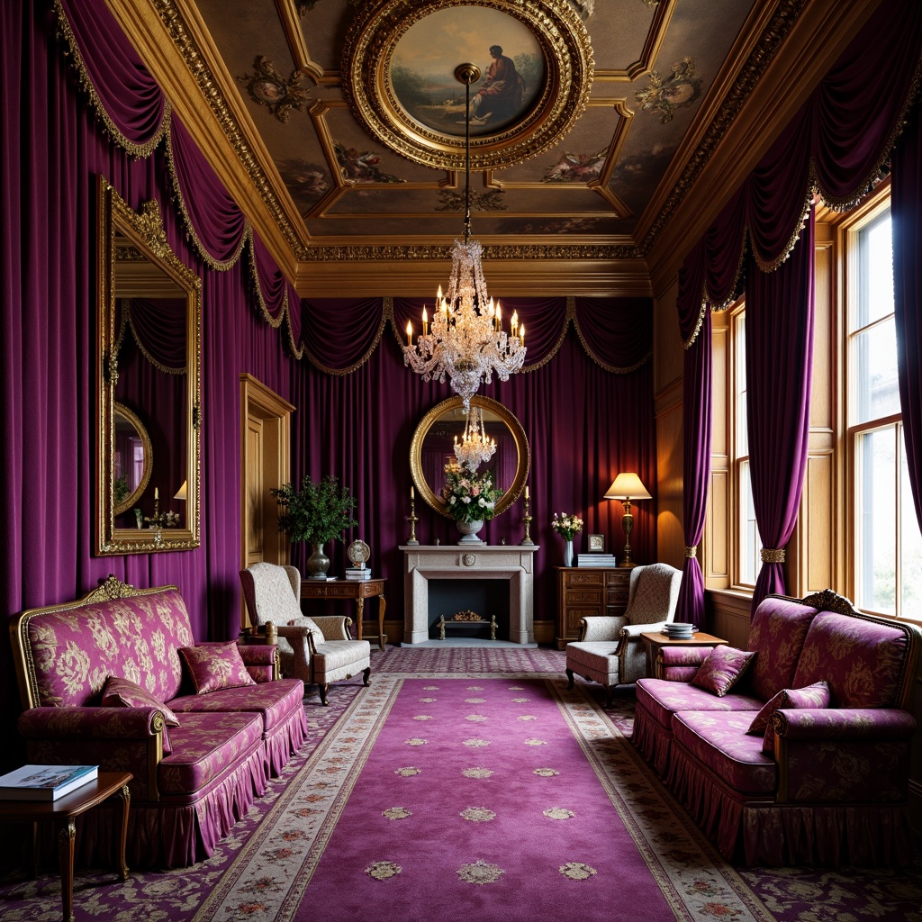 Prompt: Opulent velvet drapes, rich brocade upholstery, intricate golden embroidery, lavish silk fabrics, regal purple hues, ornate wooden furniture, gilded mirror frames, crystal chandeliers, plush carpeting, majestic crown molding, dramatic ceiling frescoes, soft warm candlelight, 1/1 composition, shallow depth of field, realistic textures, ambient occlusion.