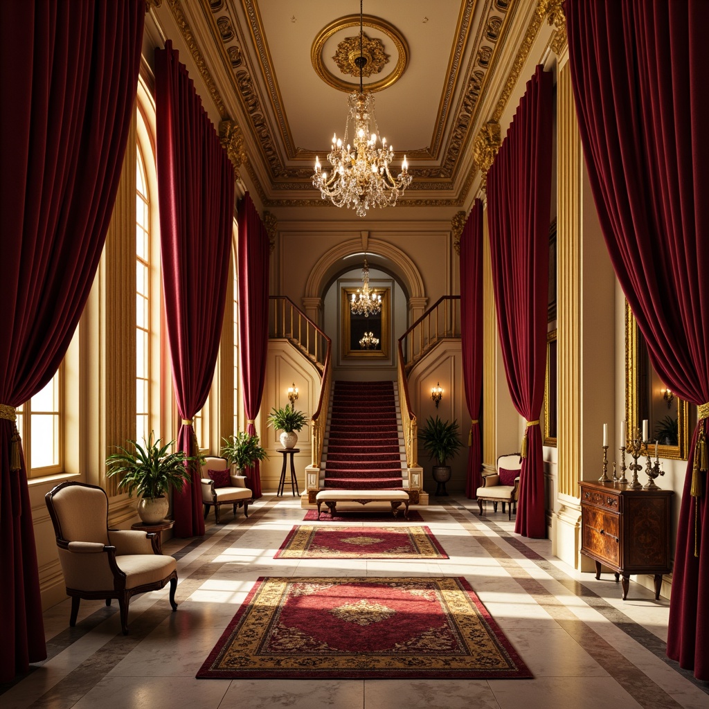 Prompt: Luxurious velvet drapes, golden gilded frames, ornate mirrors, intricately carved wooden furniture, richly patterned rugs, lavish crystal chandeliers, grandiose ceilings, sweeping staircases, majestic archways, opulent marble floors, dramatic lighting effects, warm golden tones, soft focus, shallow depth of field, 1/1 composition, symmetrical arrangement, highly detailed textures, ambient occlusion.