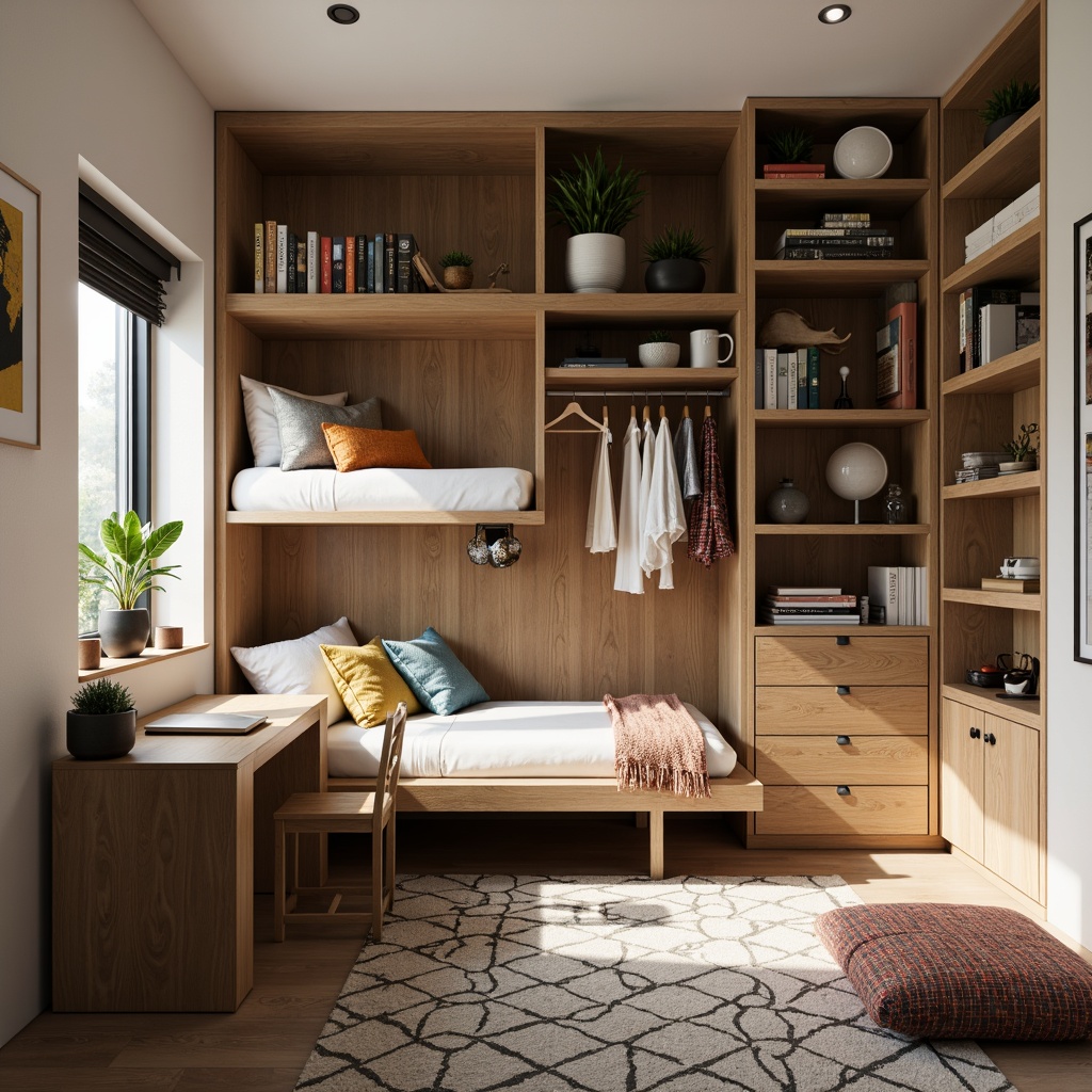 Prompt: Cozy student dorm, compact furniture, space-saving shelves, ergonomic study desk, comfortable bedding, modern minimalist decor, soft warm lighting, natural wood accents, calm color scheme, functional closet organizers, sleek metal frames, geometric patterned rugs, vibrant colorful throw pillows, 1/1 composition, shallow depth of field, realistic textures.