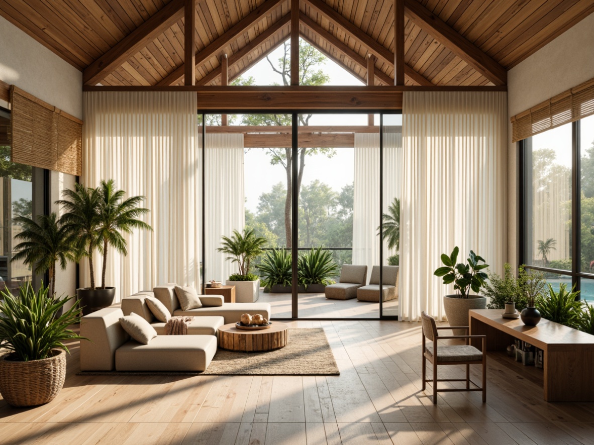 Prompt: Elegant sunroom, floor-to-ceiling windows, sliding glass doors, natural linen curtains, billowy white drapes, wooden blinds, woven bamboo shades, tropical plants, warm sunny day, soft diffused lighting, shallow depth of field, 1/2 composition, panoramic view, realistic textures, ambient occlusion, modern minimalist design, sleek metal frames, crisp clean lines, subtle texture patterns, earthy tone color palette.