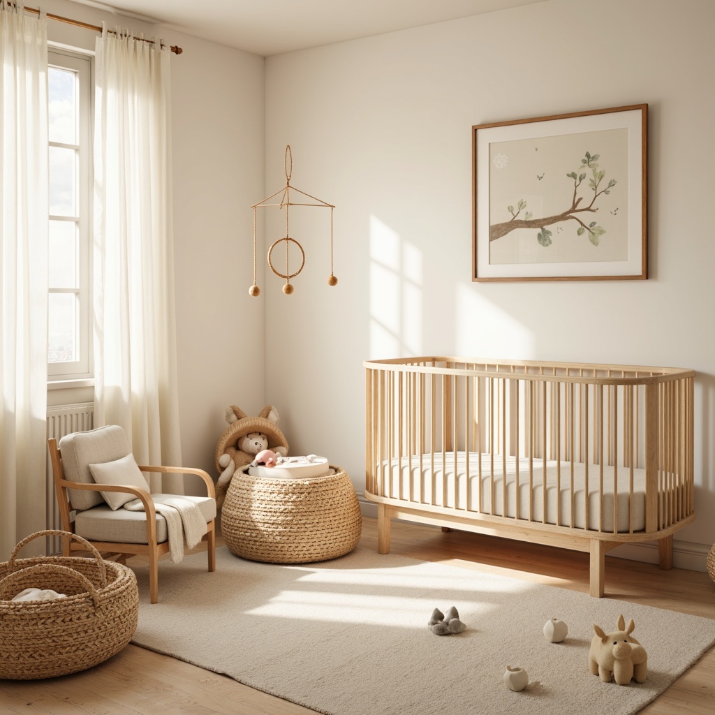 Prompt: Soft warm lighting, creamy whites, gentle pastels, minimal decor, simple furniture, clean lines, organic shapes, natural textiles, woven baskets, subtle patterns, soft focus, shallow depth of field, 1/1 composition, intimate atmosphere, calming ambiance, peaceful nursery, baby-friendly materials, wooden crib, plush toys, cozy reading nook, warm beige walls, creamy curtains, delicate mobiles.