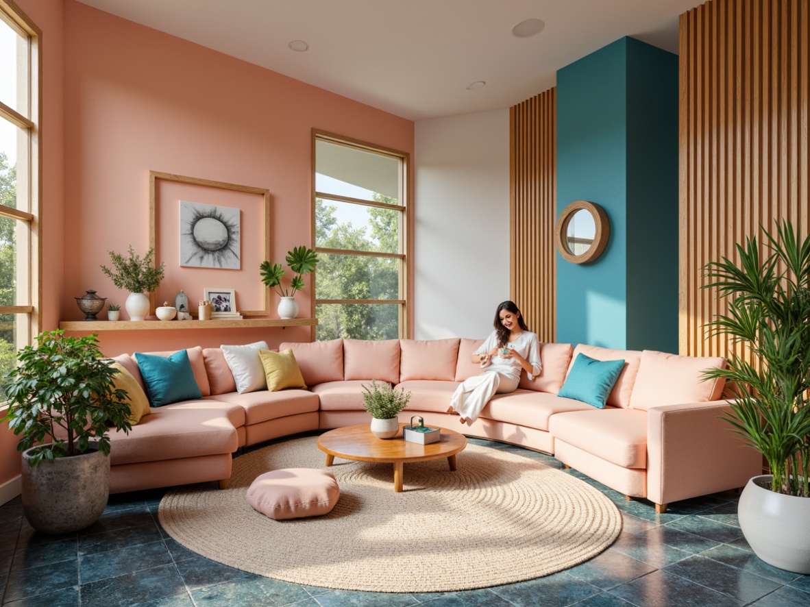 Prompt: Vibrant color scheme, pastel hues, soft peach tones, calming blues, creamy whites, rich wood accents, metallic gold details, lush greenery, natural stone textures, warm ambient lighting, cozy atmosphere, inviting mood, 3/4 composition, shallow depth of field, realistic render, subtle gradient effects.