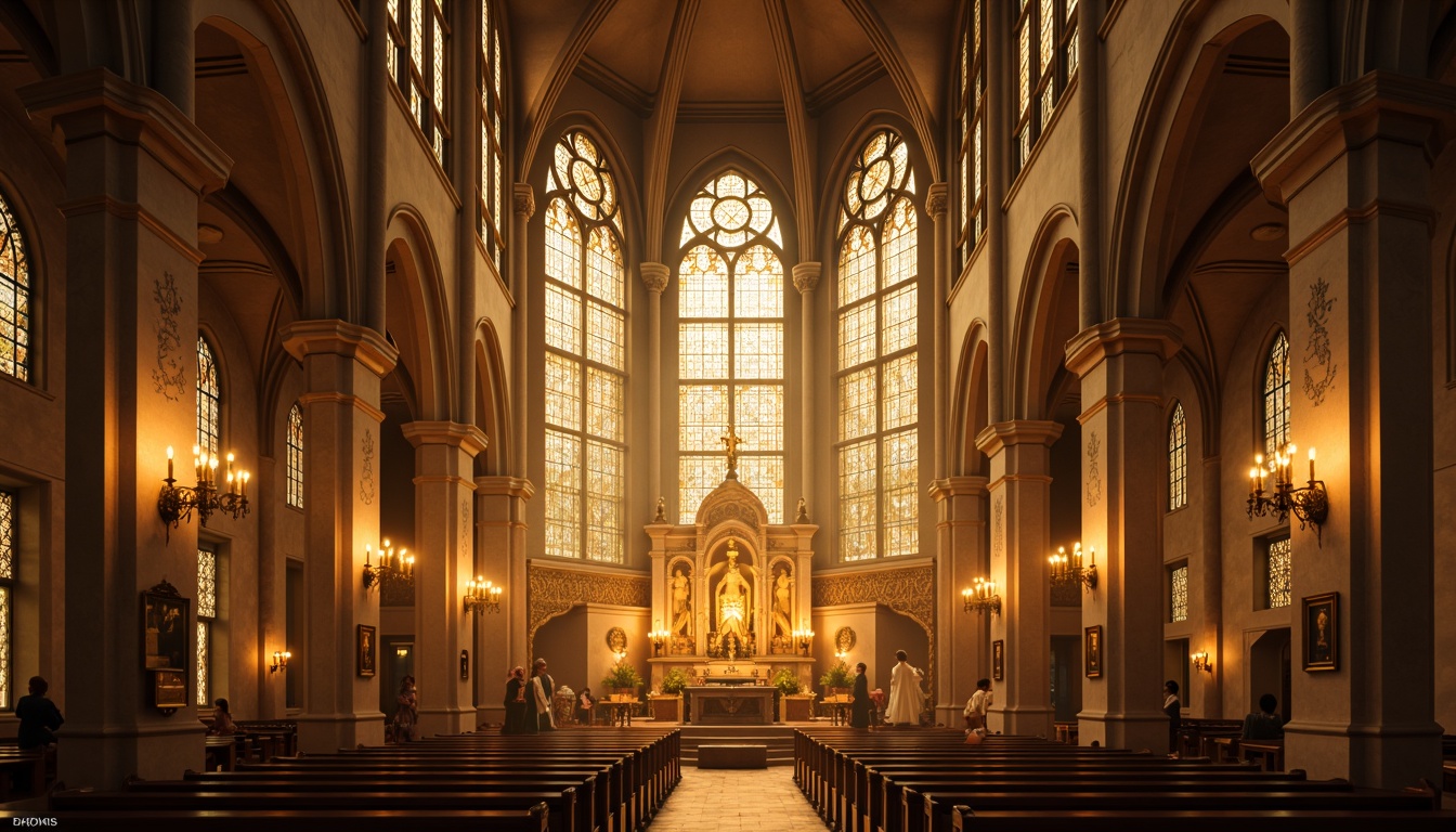 Prompt: Ethereal cathedral interior, warm golden lighting, soft glowing stained glass windows, ornate chandeliers, subtle candlelight, gentle spotlighting, vaulted ceilings, intricate stone carvings, rich wood tones, ornamental metalwork, majestic altar, serene ambiance, atmospheric fog, dramatic high contrast, warm color temperature, soft focus, 1/2 composition, symmetrical framing, realistic textures, ambient occlusion.