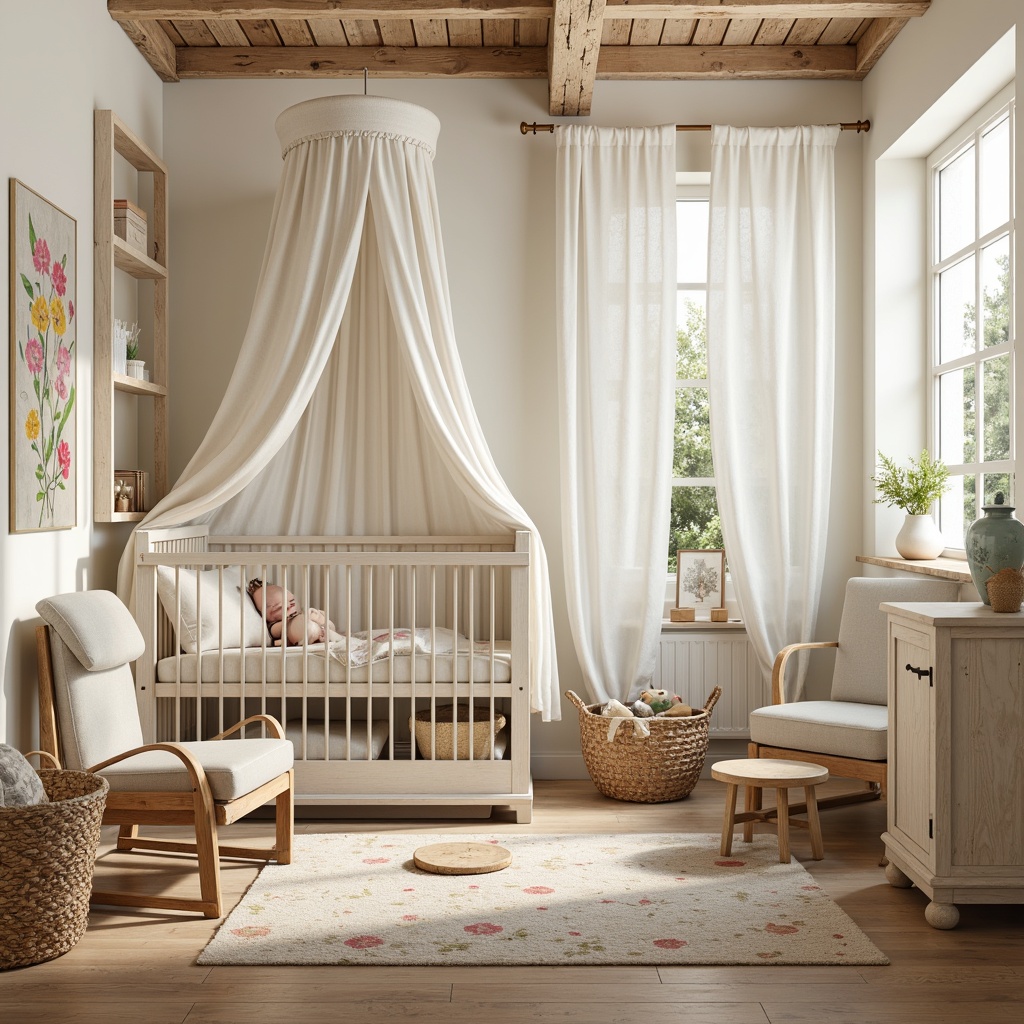 Prompt: Whimsical baby room, vernacular style, soft pastel colors, creamy whites, warm beiges, distressed wood furniture, vintage decorative items, floral patterns, gentle polka dots, natural textiles, woven baskets, earthy tones, botanical illustrations, tender lighting, 1/1 composition, cozy atmosphere, intimate setting, subtle color contrast, organic feel.