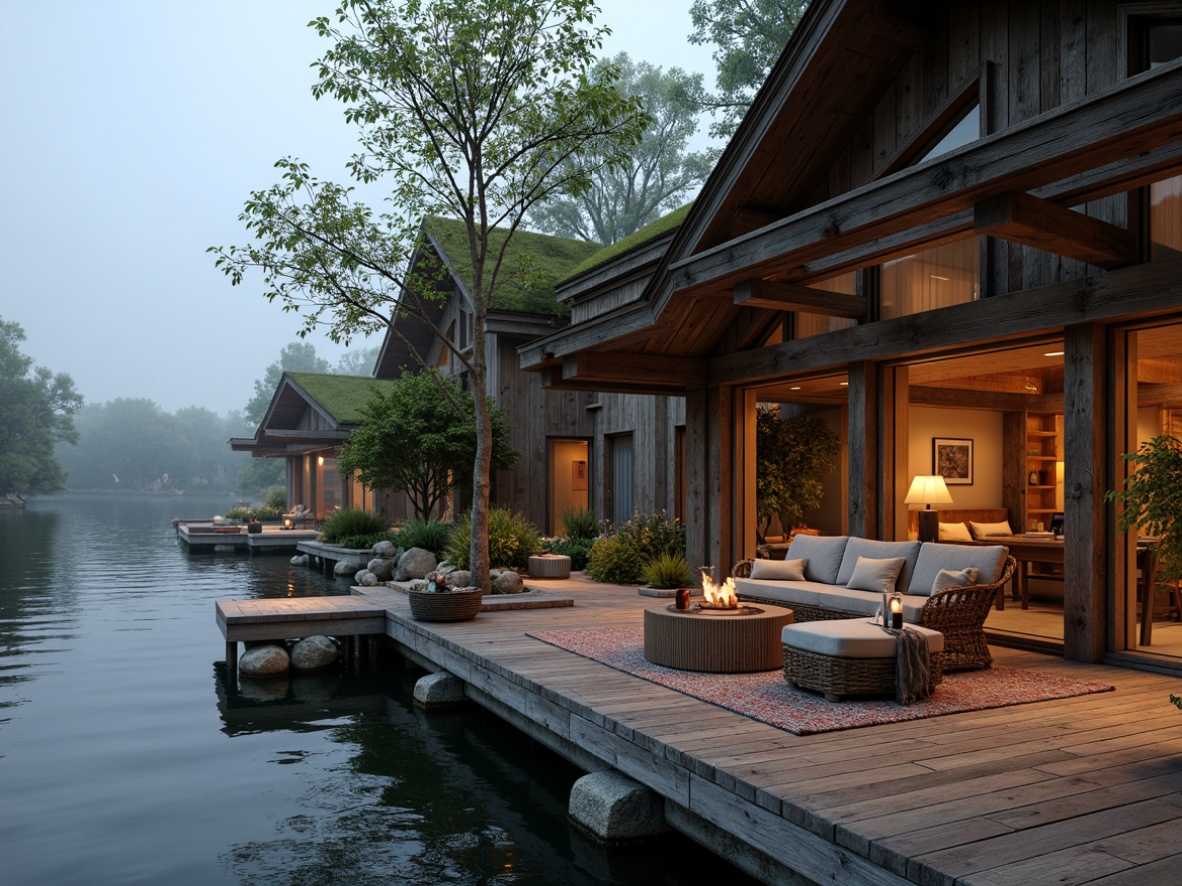 Prompt: Weathered wooden docks, rustic boathouse, warm earthy tones, moss-covered roofs, vintage nautical elements, distressed wood accents, soft misty mornings, lake reflections, calm water ripples, natural stone foundations, cozy interior nooks, plush textiles, woven wicker furniture, earthy brown hues, sky blue undertones, rusty metal details, driftwood-inspired decor, warm candlelight, shallow depth of field, 1/1 composition, intimate atmosphere, realistic wood grain textures.