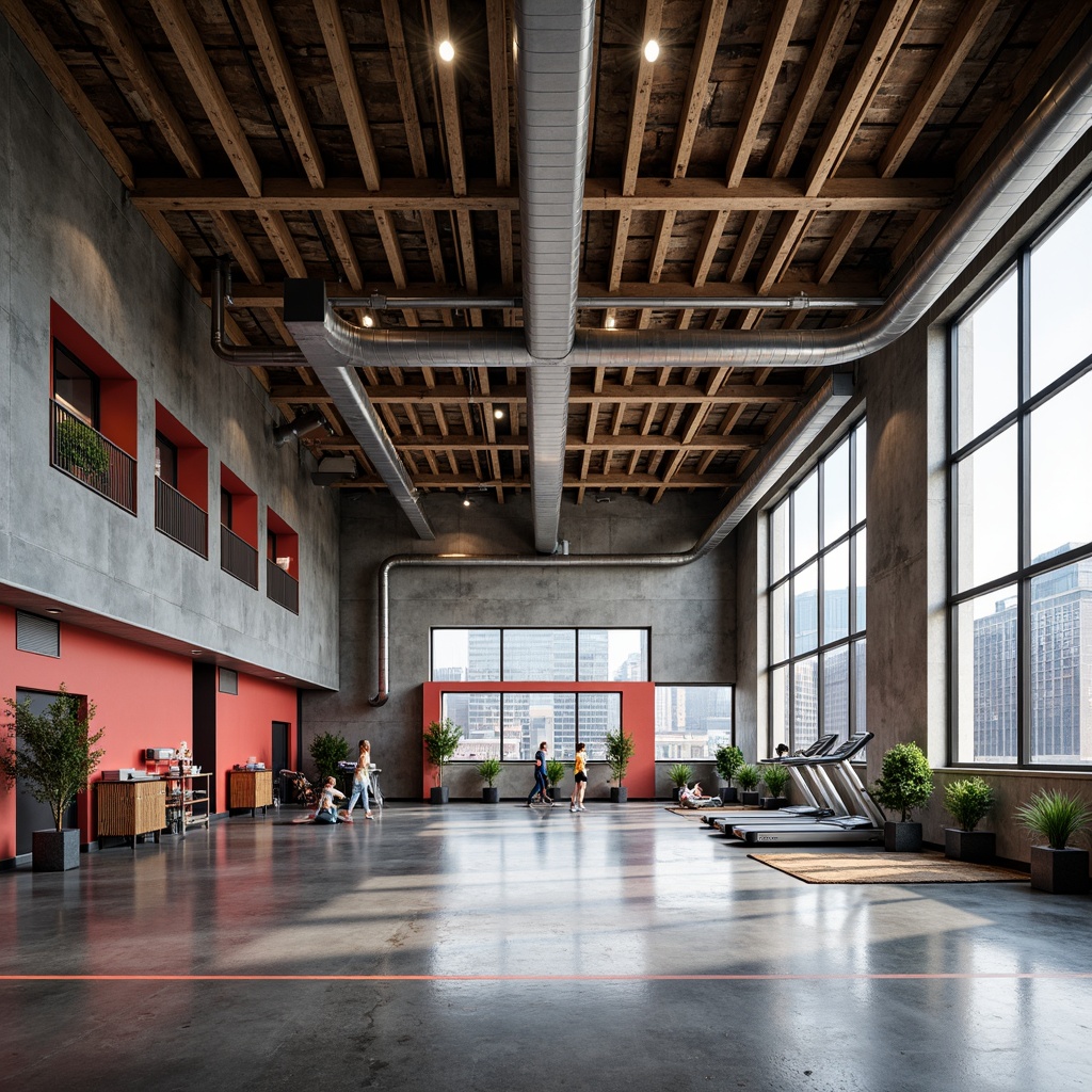 Prompt: Industrial-chic gymnasium, polished concrete floors, metallic accents, exposed ductwork, reclaimed wood beams, modern lighting fixtures, bold color schemes, athletic equipment, free weights, treadmills, exercise mats, mirrored walls, high ceilings, open spaces, natural light pouring in, urban cityscape views, gritty textured surfaces, reflective steel columns, minimalist decor, functional layout, safety flooring, shock-absorbing materials, non-slip coatings, durable finishes, easy maintenance, heavy foot traffic, high-impact resistance.