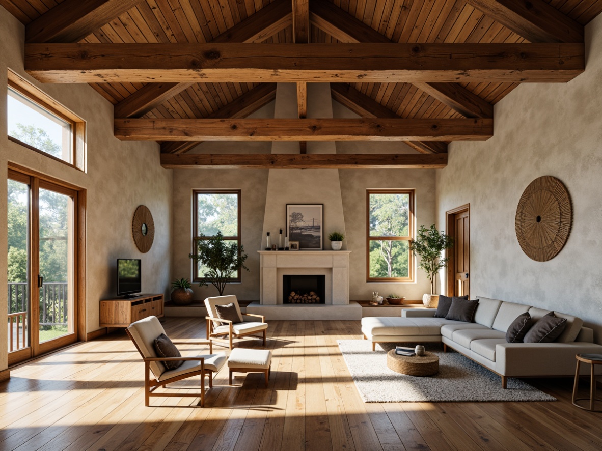 Prompt: Rustic wooden beams, exposed ceiling, natural textures, earthy tones, warm lighting, cozy atmosphere, traditional craftsmanship, distressed finishes, reclaimed wood, industrial chic, open-plan living, minimalist decor, Scandinavian-inspired design, soft shadows, high ceilings, airy feel, natural materials, organic shapes.