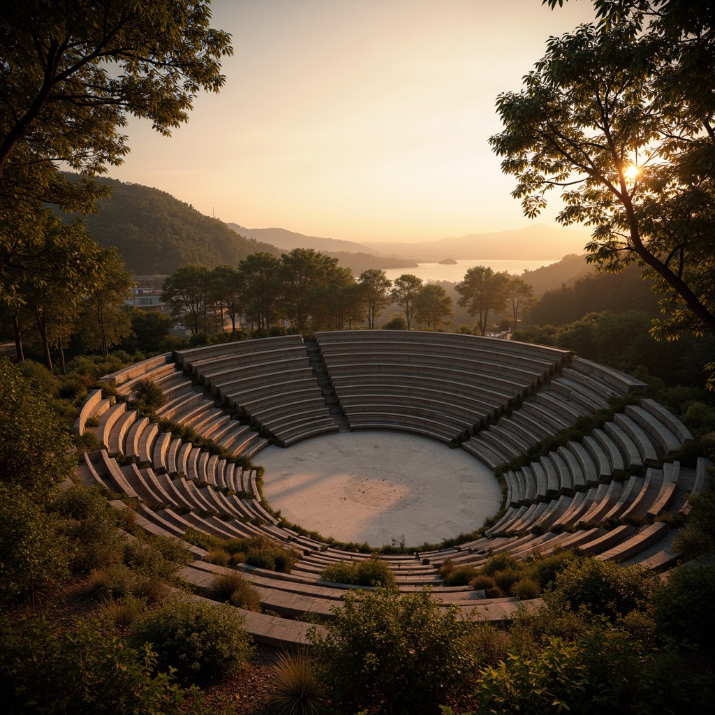 Prompt: Amphitheater interior, warm golden lighting, soft shadows, gradient sunset hues, subtle spotlighting, intimate atmosphere, natural stone seating, lush greenery, tiered levels, open-air design, majestic architecture, dramatic evening ambience, low-key illumination, atmospheric fog effects, 3/4 composition, cinematic views, realistic textures, ambient occlusion.