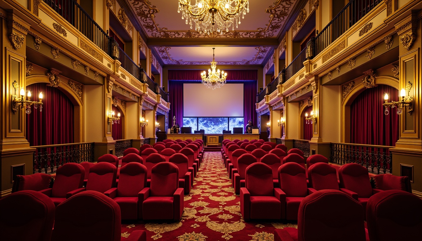 Prompt: Ornate cinema interior, Victorian-era inspired design, plush red velvet seats, golden ornamental details, intricate carvings, grand chandeliers, crystal drop lighting, luxurious curtains, richly patterned carpets, regal purple accents, stately columns, majestic archways, lavish balconies, ornate metal railings, warm softbox lighting, shallow depth of field, 1/2 composition, cinematic camera angle, realistic textures, ambient occlusion.