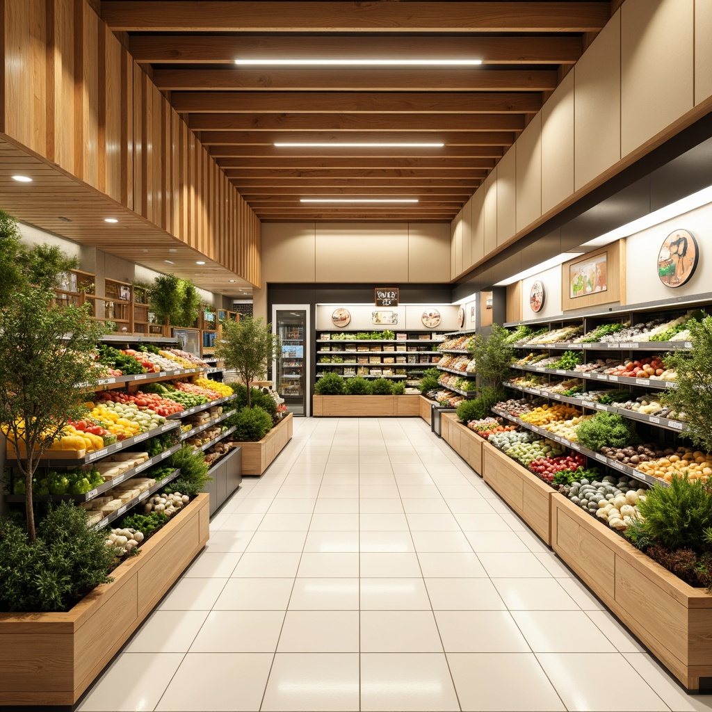 Prompt: Vibrant grocery store interior, streamline moderne style, warm neutral tones, beige walls, polished chrome accents, rich wood textures, fresh greenery, modern LED lighting, sleek shelving units, minimalist signage, clean white floors, subtle gradient effects, 1/1 composition, shallow depth of field, soft natural light, afternoon ambiance, realistic reflections, ambient occlusion.Note