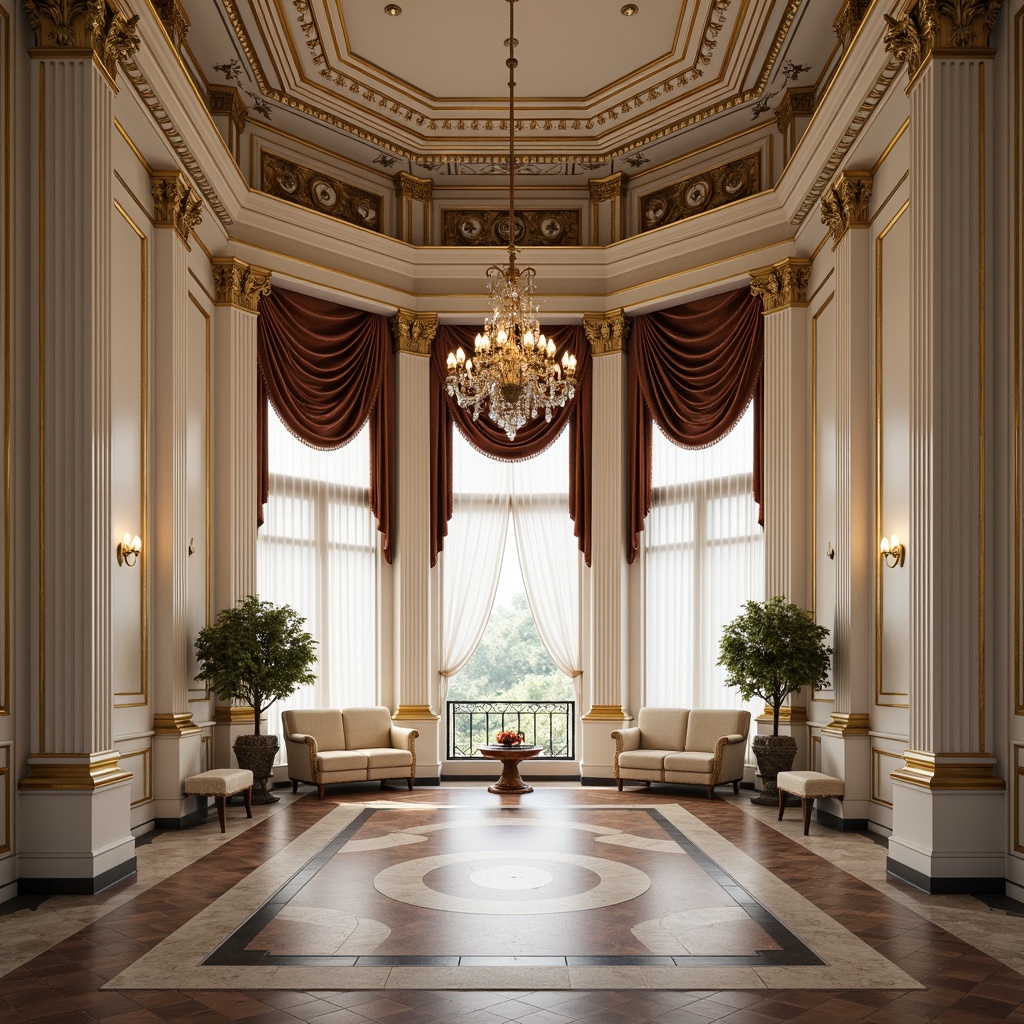 Prompt: Ornate interior, grand neoclassical style, intricately carved moldings, white marble columns, gilded details, ornamental plasterwork, symmetrical composition, classical proportions, richly textured fabrics, luxurious velvet drapes, crystal chandeliers, soft warm lighting, shallow depth of field, 1/1 composition, realistic textures, ambient occlusion.