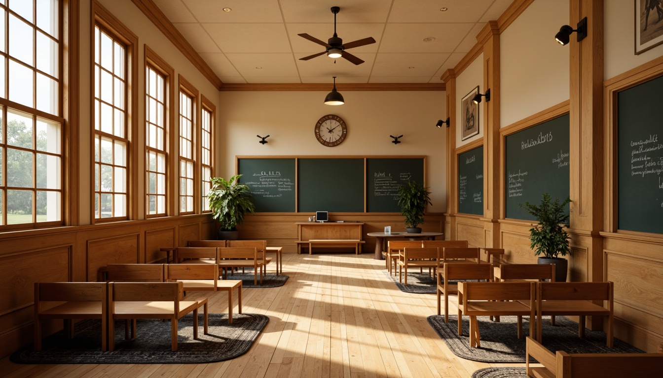 Prompt: Warm beige hardwood floors, traditional academic atmosphere, wooden chairs, classic chalkboards, soft warm lighting, comfortable learning spaces, earthy color palette, natural materials, textured rugs, subtle patterns, classic furniture designs, polished metal fixtures, elegant wood trim, sophisticated architectural details, shallow depth of field, 1/1 composition, realistic textures, ambient occlusion.