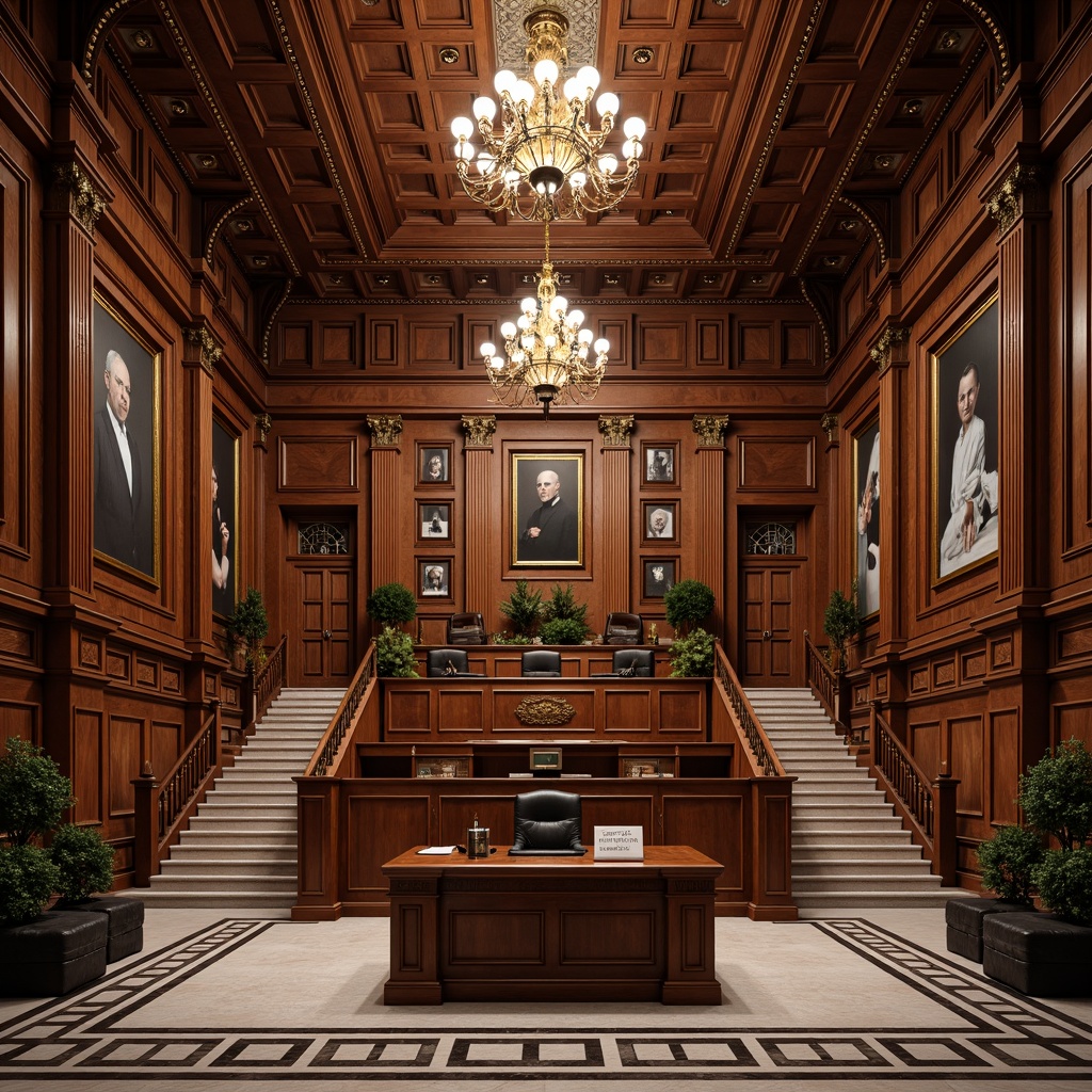 Prompt: Rich wood paneling, ornate moldings, grand staircase, elegant chandeliers, polished marble floors, stately columns, high ceilings, intricate stone carvings, classic courtroom furniture, solemn judiciary benches, dignified wooden desks, formal law libraries, solemn atmosphere, dramatic lighting, 1/1 composition, low-angle shot, realistic textures, ambient occlusion.