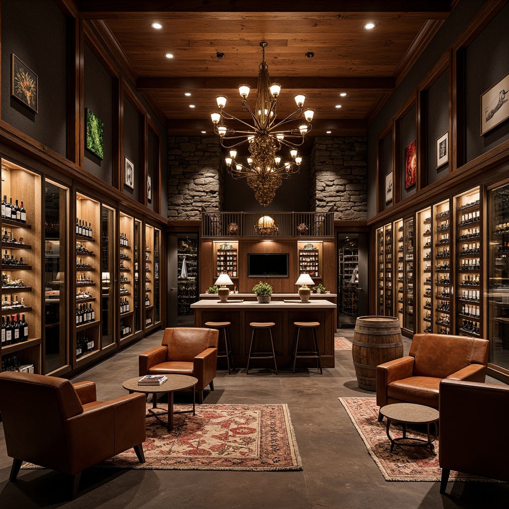 Prompt: Luxurious wine cellar, dark wood tones, rich leather upholstery, elegant metal accents, dimmable warm lighting, rustic stone walls, wooden wine crates, sophisticated cabinetry, refrigerated wine storage, glass-enclosed wine displays, plush area rugs, intimate seating areas, vintage wine barrels, ornate chandeliers, earthy color palette, cozy atmosphere, 3/4 composition, soft focus, ambient occlusion.