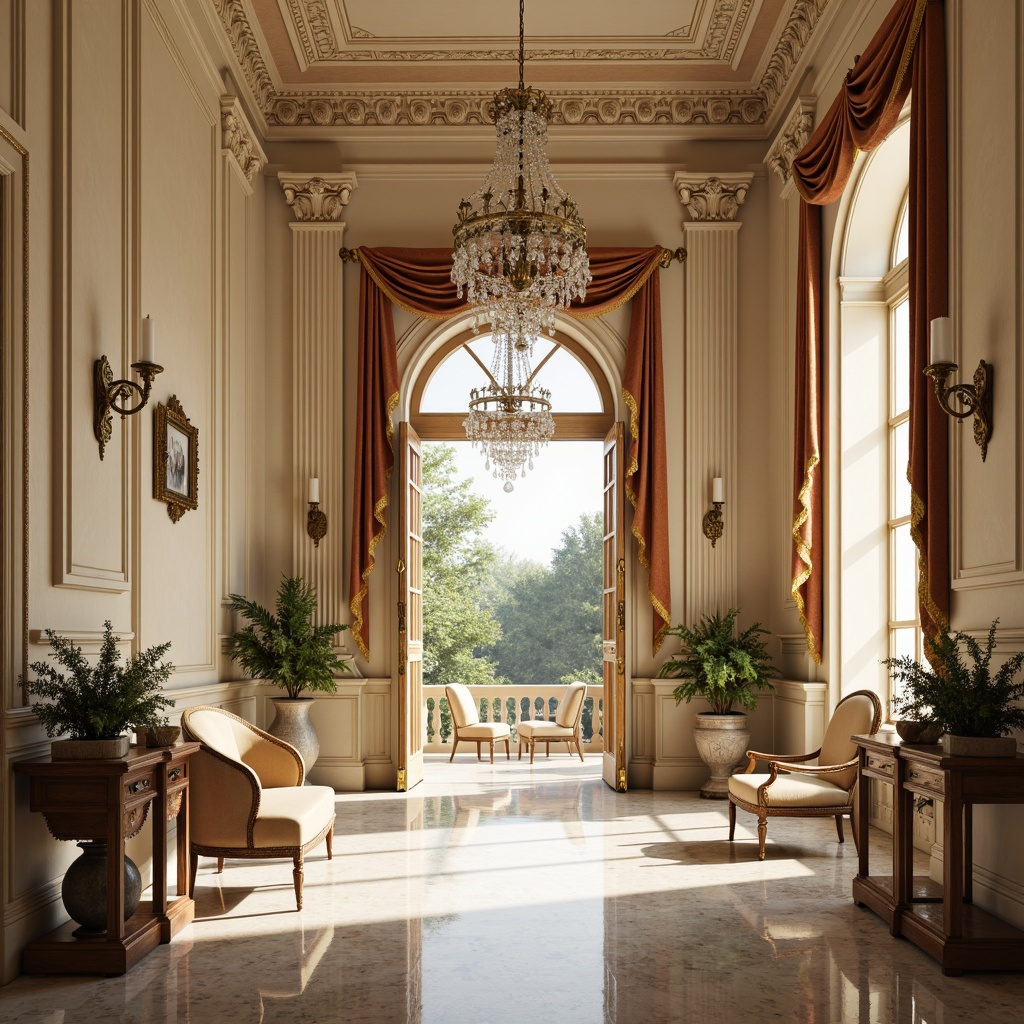 Prompt: Elegant neoclassical interior, ornate moldings, luxurious marble floors, rich wood paneling, crystal chandeliers, soft creamy walls, velvet drapes, antique furniture pieces, gilded accents, carved wooden doors, subtle color palette, natural light pouring in, warm golden lighting, shallow depth of field, 1/1 composition, realistic textures, ambient occlusion.