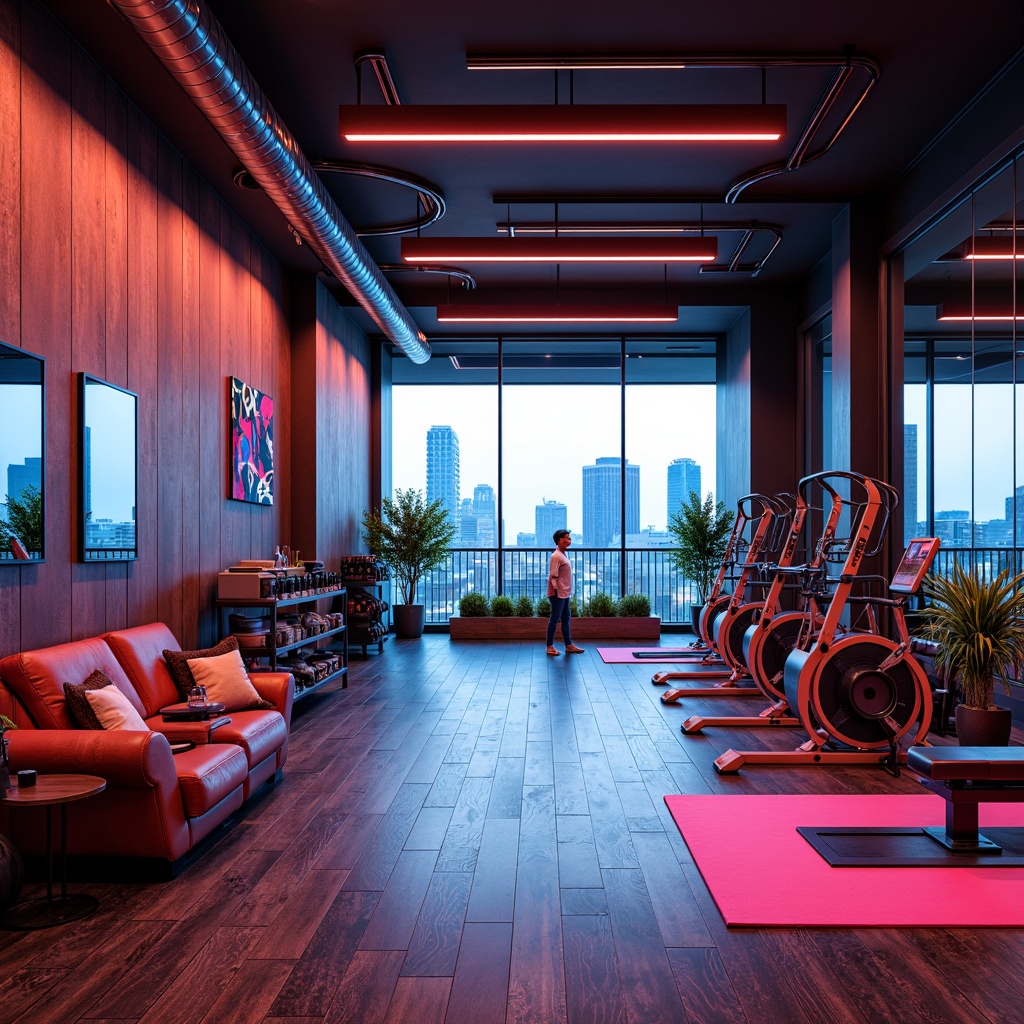 Prompt: Vibrant home gym, bold color schemes, eclectic furniture, industrial-chic decor, reclaimed wood accents, polished metal equipment, futuristic exercise machines, neon-lit mirrors, abstract artwork, geometric patterns, avant-garde lighting fixtures, sleek glass walls, minimalist flooring, cutting-edge technology integration, immersive sound systems, dynamic floor plans, flexible workout spaces, adaptive exercise routines, high-intensity interval training zones, virtual reality fitness experiences, 3D-printed equipment components, kinetic sand timers, atmospheric misting systems, panoramic city views, modernist architecture inspiration.