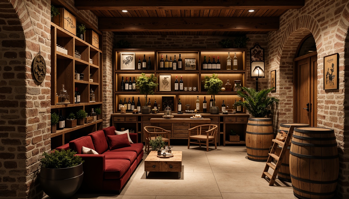 Prompt: Rustic wine cellar, distressed wood shelving, vintage metal racks, ornate wooden crates, dimly lit ambiance, soft warm glow, earthy tones, natural stone walls, brick archways, reclaimed wood accents, elegant wine barrels, antique wine-making equipment, aged wooden ladder, cozy seating area, plush velvet furnishings, rich burgundy colors, warm beige textures, ornate metal lanterns, rustic wooden signs, weathered wooden doors, soft focus, shallow depth of field, 1/2 composition.