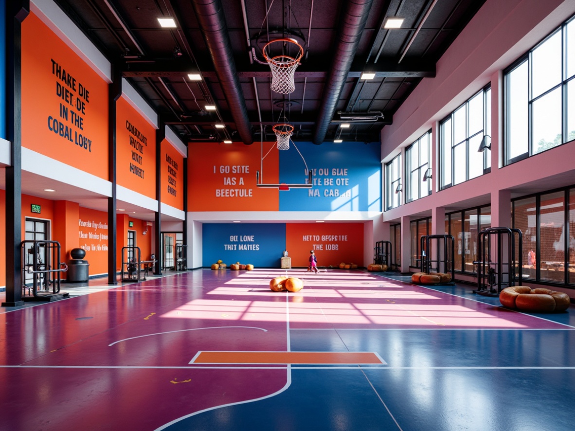 Prompt: Vibrant gymnasium, bold color scheme, energetic atmosphere, motivational quotes, athletic equipment, sports flooring, bright LED lighting, modern architecture, large windows, natural daylight, dynamic shadows, 3/4 composition, realistic textures, ambient occlusion.