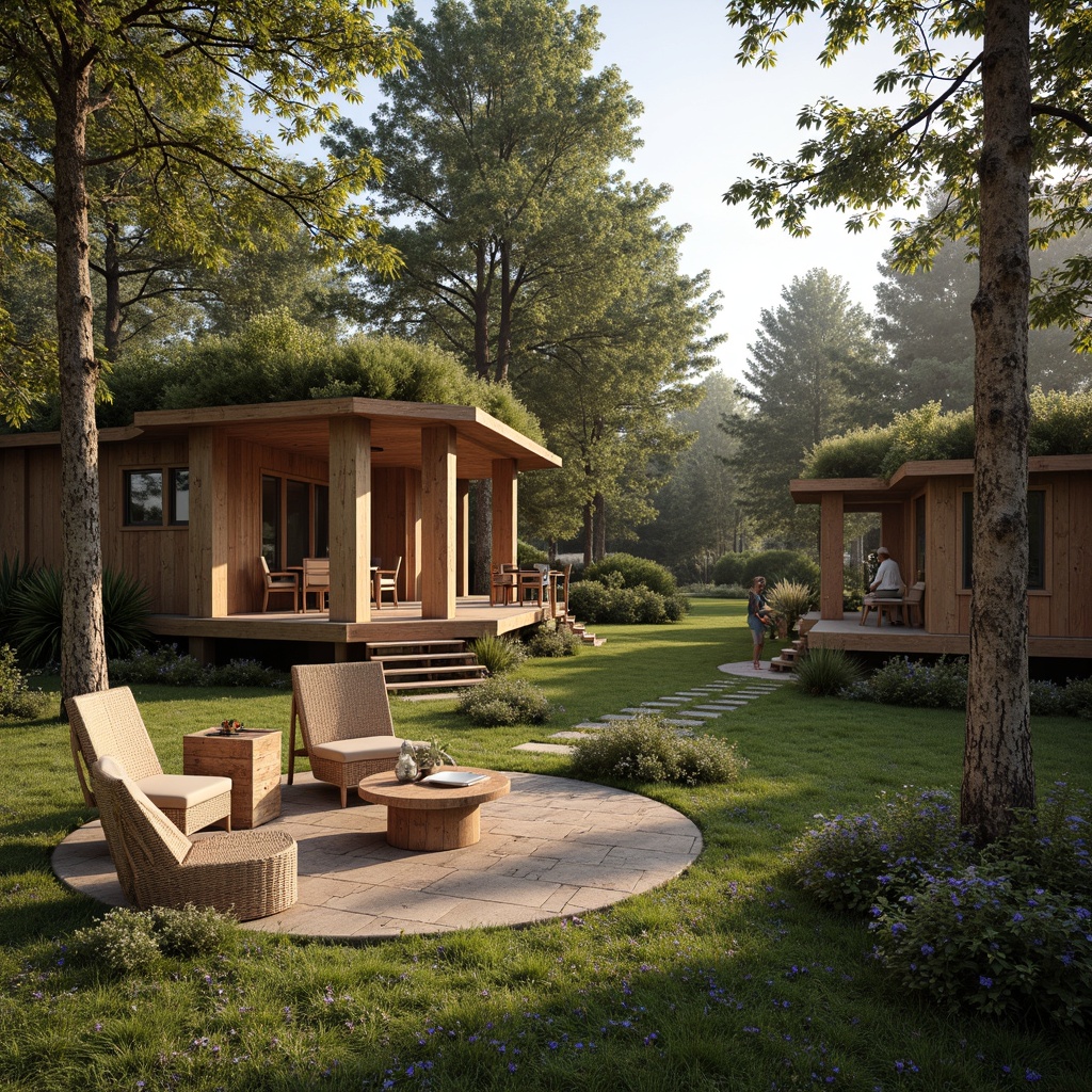 Prompt: Rustic wooden cabins, natural stone walls, earthy tones, woven bamboo furniture, organic textures, reclaimed wood accents, living green roofs, wildflower meadows, serene forest surroundings, warm sunlight filtering through trees, soft misty atmosphere, shallow depth of field, 1/2 composition, realistic materials, ambient occlusion.